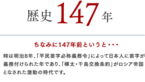 歴史145年時は明治8年、「平民苗字必称義務令」によって日本人に苗字が義務付けられた年であり、「樺太・千島交換条約」がロシア帝国となされた激動の時代です。