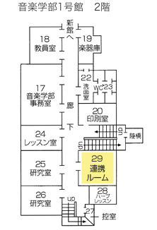 地図：連携ルーム　音楽学部１号館２階 29室